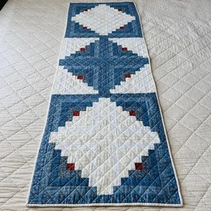 Handmade Log Cabin Table Runner  18” x 55” Vintage Style Blue & White Patchwork - Picture 1 of 8