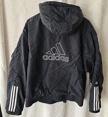 Chaqueta Abrigo Vintage Adidas Capucha Puffer Cremallera Completa 3 Rayas Bordado Logo Med Foto 1 de 4