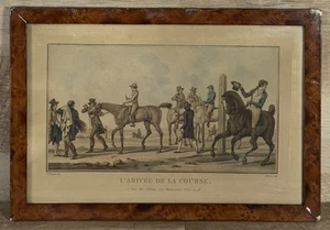 Antique French Hand Colored Equestrian Lithograph L’Arivee De La Course Framed - Picture 1 of 13
