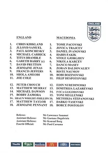 INGLÉS V MACEDONIA U21 EURO CALIFICADOR 15 DE OCTUBRE DE 2002 EN LECTURA ~ HOJA DE EQUIPO - Imagen 1 de 1