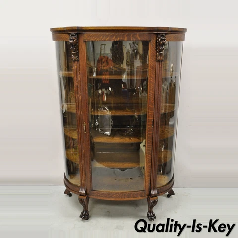 Antique American Empire Oak Carved Lion Head Paw Feet Bowed Glass China Cabinet Cover
