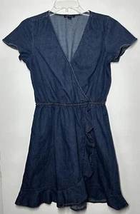 J.Crew Wrap Dress Size XS Chambray Ruffled Denim Mini Dark Blue Jean 100% Cotton - Picture 1 of 10