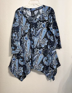 Premise Knit Top Tunic Women L Blue Paisley 3/4 Sleeve Sharkbite Hem Pullover - Picture 1 of 15