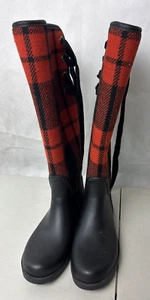 Coach Woman’s Tristee Rain Red/Black Buffalo Plaid Fleece-Lined Boots Size 5.5 - Picture 1 of 10