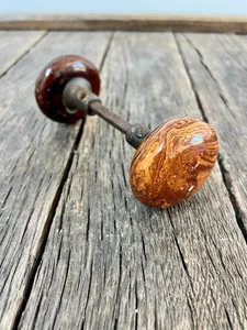 Antique Brown Swirl Porcelain Doorknobs - Antique Woodgrain Doorknob - Picture 1 of 8