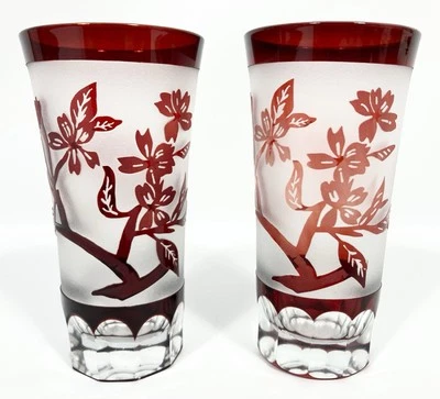 Bohemian Ruby Red Cut to Clear Vodka Sake Small Glass Tumblers 4 oz 4" Vtg Set 2 - Image 1 of 4
