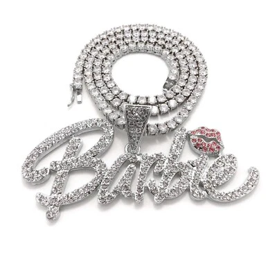 Collar de cadena de circonitas cúbicas colgante completo de Barbie hip hop de 4 mm de 18"* Foto 1 de 4