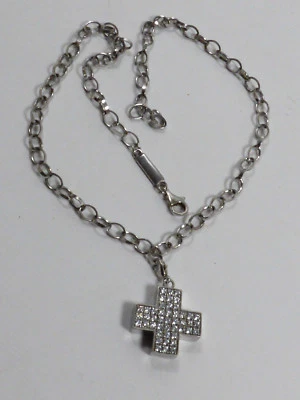 Colar pingente cruzado M&M 925 prata esterlina cristal transparente CZ corrente 17" - Imagem 1 de 4