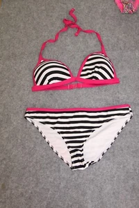 BIKINI SET TRIANGEL GRÖSSE L (44 - 46) SCHWARZ WEISS ROSA GESTREIFT SCHAUMSTOFF - Picture 1 of 2