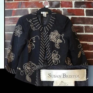 Susan Bristol Black Beige Embroidered Silk Blend Womens S Blazer - Picture 1 of 7