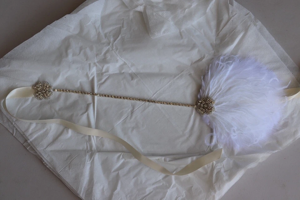 Ivory Ribbon White Ostrich Feather Flapper Headband - Image 1 of 2