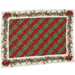 Red and Green Floral Plaid Christmas Woven Placemat 13 x 18 Inches - Picture 1 of 3