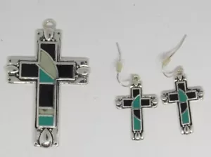 Collana e orecchini pendenti croce simulati turchese tono argento religiosi - Foto 1 di 6