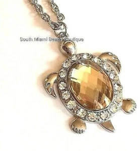 Sea Turtle Necklace 19" Silver Plated Crystal Nautical Island Beach Faux Topaz - Picture 1 of 9