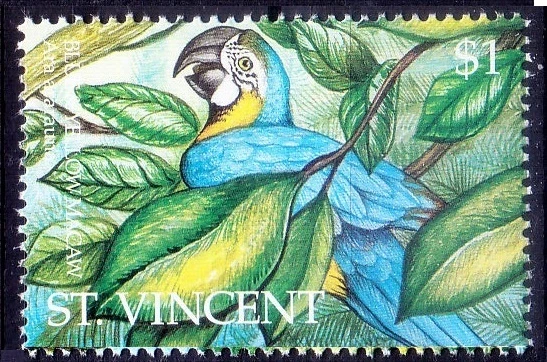 Loro, guacamayo azul y amarillo, pájaros, San Vicente 1995 MNH  Foto 1 de 1
