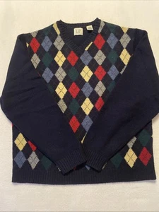 Vintage 90’s GAP Argyle Sweater V Neck 100% Shetland Wool Navy Men’s XL Extra L - Bild 1 von 8