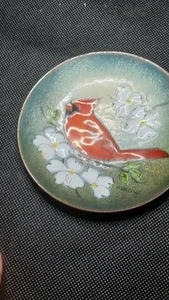 Vintage emaillierte Kupferplatte Kardinal Vogel 4" - Bild 1 von 2