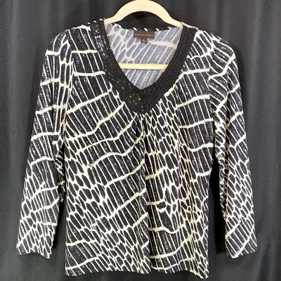 Top túnica Dana Buchman negro blanco boho adornado cuello en V manga 3/4 para mujer L Foto 1 de 4