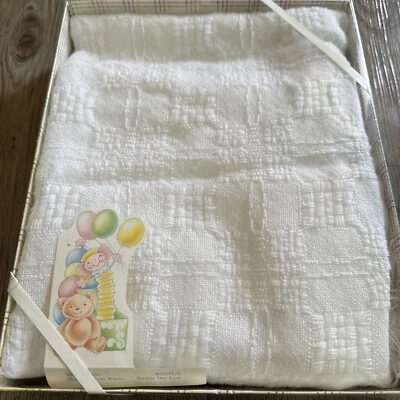 "Manta bebé vintage tejida acrílico blanco flecos 40"" cuadrada nueva stock antiguo" Foto 1 de 4