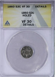 1860 Three Cent Silver 3CS ANACS VF30 Details - Picture 1 of 4