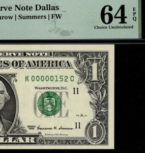 1999 $1 Federal Reserve Note Low 3 digit Serial Number Dallas K00000152C PMG 64 - Picture 1 of 4