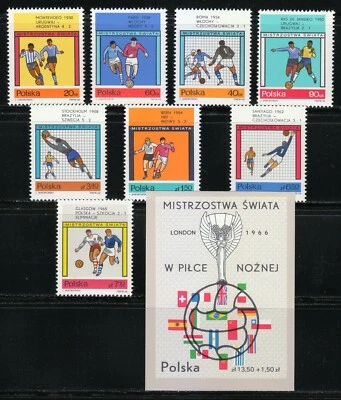 Polonia 1966 MNH Mi 1665-1672+Bloque 38 Sc 1405-1412+B109 Copa Mundial de Fútbol ** Foto 1 de 2