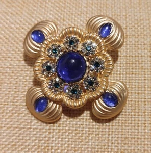 Splendida Spilla Palazzo Reale Croce Tono Oro Cabochon Blu Dichiarazione Fantasia - Foto 1 di 5