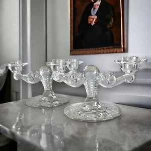 Vintage Tiffin Glass US Glass Hercules Candlesticks Etched Glass Base Cerice - Picture 1 of 10