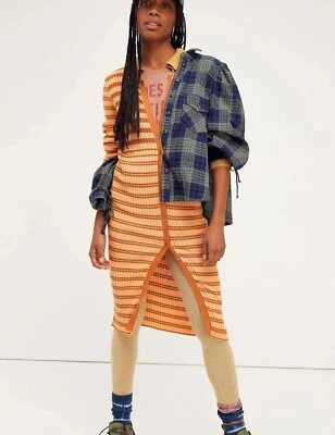 Free People 毛衣 Midi 连衣裙 Vista Cardi 橙色条纹罗纹中号全新 — 第 1/4 张图片