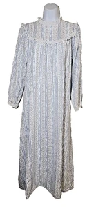 Vtg Lanz of Salzburg Flannel Nightgown USA Made Eyelet Lace Stripe Floral Logo - Picture 1 of 13