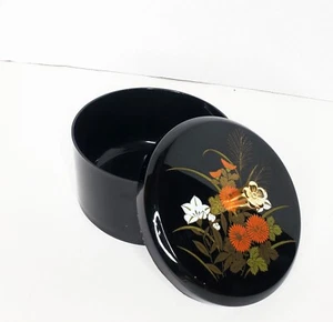 Japanese Lacquer Round Bento, Jewelry, Trinket Box, Red Fan, Gold Accent - Picture 1 of 8