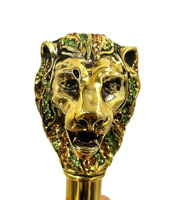 Cabeza de león italiana de lujo dorada con cristales multicolores bastón para caminar (36 pulgadas) Foto 1 de 4