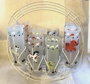 8 vasos de té helado Libbey carrusel esmerilado con caddy FABULOSO retro de mediados de siglo - Imagen 1 de 10