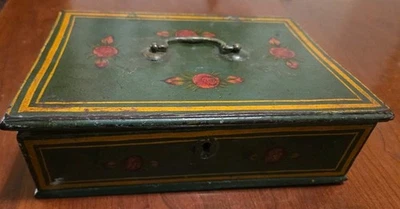 Antique Painted Wood Work Box Valuables Chest Brass Hardware as is - Image 1 of 4
