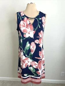 Maria Gabrielle Blue Dress Floral Knit Sheath Pink Floral Metal Choker Sz L - Picture 1 of 10