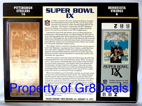 SUPER BOWL 9 ~ STEELERS vs VIKINGS ~ NFL 22 KT GOLD SB IX TICKET Willabee & Ward Cover