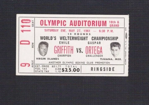 RARE 1961 CHAMPIONSHIP boxing ticket EMILE GRIFFITH GASPAR ORTEGA MEXICAN VILLA Cover