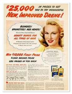 Anuncio impreso Drene champú sorteo Virginia Mayo vintage 1947 anuncio - Imagen 1 de 4