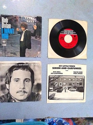 4pc CLASSIC FOLK ROCK 45rpm RECORD 3w/SLEEVES 2 SIMON & GARFUNKEL 2 BOB DYLAN VG - Image 1 of 4