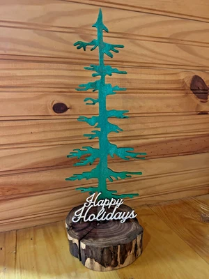 1 Seasons Greetings W/Tree Desk Top Live Edge  5" Wide Approx 14" Tall - Image 1 of 3