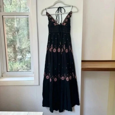 Maxi Vestido Bordado Free People Real Love Verano Negro Rosa Talla XS Foto 1 de 4
