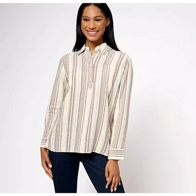 Blusa Denim & Co Naturals feminina mistura de linho botão lateral bainha curva L bege A501329 - Imagem 1 de 4