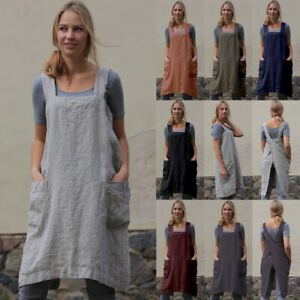 New Womens Cotton Linen Pocket Pinafore Dungaree Shirt Dress Apron Plus Size