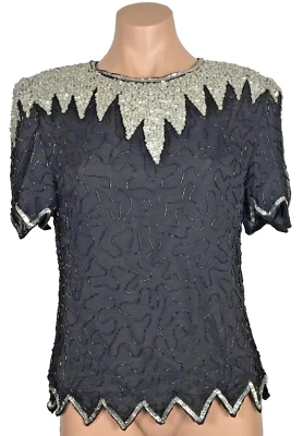 Laurence Kazar Plateado Aleta Cuentas Noche Formal Seda SEQUINA Gatsby De Colección PL Foto 1 de 4