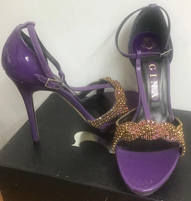 Gina Purple Patent High Heeled Sandal Rhinestone Strap T Strap Size 38 - Image 1 of 4