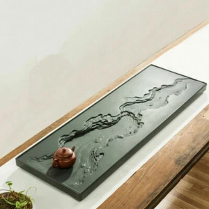 Handmade Tea Tray Black Stone The Huanghe River Carved Weighted Engraved Table - Picture 1 of 21
