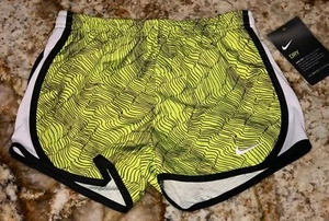 NIKE Tempo Dri Fit Printed Volt Black White Running Shorts NEW Youth Girls 5 6X - Picture 1 of 4