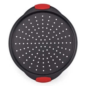 NutriChef Pizza Tray Round Steel Non-Stick 14.8"x13"x1" w/Silicone Handle - Picture 1 of 8
