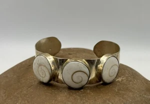 Circle Shiva Eye Seashell Sea Shell Silver Tone Bungle Bracelet Wide Boho #3 - Picture 1 of 7