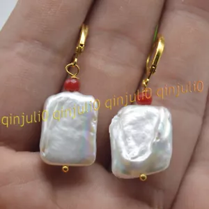 Natural 15x20MM Rare South Sea White Baroque Pearl Red Jade Drop Gold Earrings - Picture 1 of 3